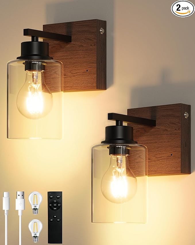 Battery Operated Wall Sconce Set of 2, Easy Install Dimmable Wireless Wall Lamps