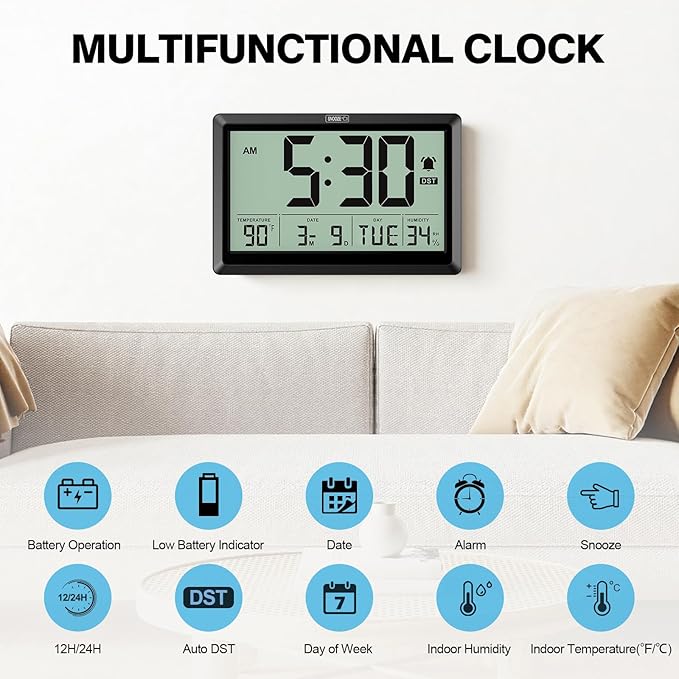XREXS 10.4 Inch Digital Wall Clock, Battery Operated Large Display Clock