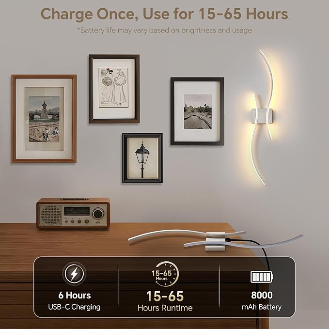 Battery Operated Wall Sconce Set of 2, Dimmable Modern LED Rechargeable Wall
