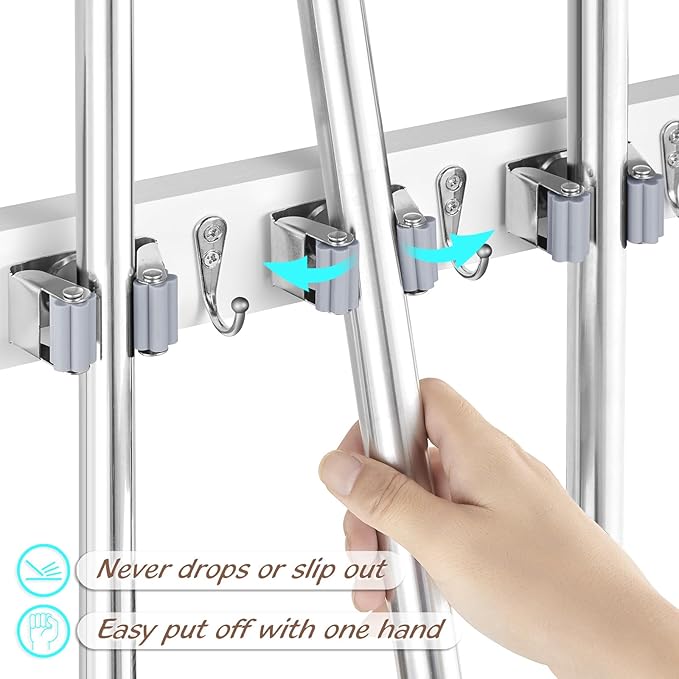 OUTNILI 2 Pack White Mop Broom Holder Wall Mount with 3 Slots & 4 Hooks - Rustic Wood Broom Mop Hanger for Pantry Kitchen Organization - Garden Tool Organizer for Closet Laundry Room