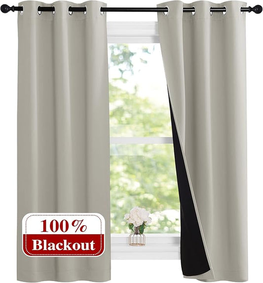 NICETOWN Natural 100% Blackout Lined Curtains, 2 Thick Layers Narrow Wide