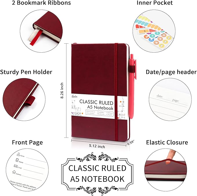 feela 3 Pack Notebooks Journals Bulk with 3 Black Pens, A5 Hardcover Notebook Classic Ruled Lined Journal Set with Pen Holder for Work Business Journaling Note Taking, 120 GSM, 5.1”x8.3”, Wine