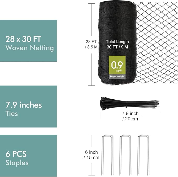 Bird Netting for Garden, Fetanten 28 x 30 FT Netting for Garden Protection Vegetables Fruit Trees Blueberry from Birds Deer Poultry, Heavy Duty Woven Mesh Net Animal Fencing with Ties and Staples