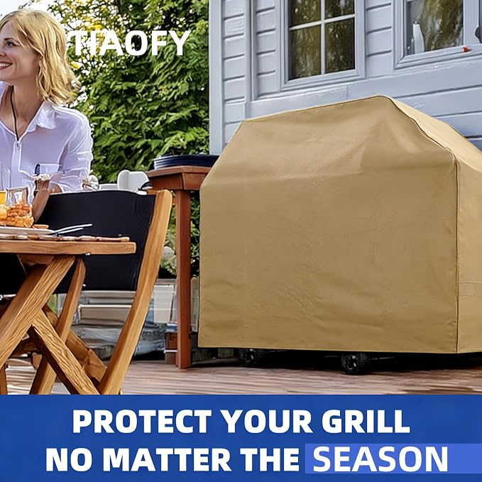 BBQ Gas Grill Cover for Outdoor, Anti-UV, Rip-Proof, 600D Oxford Fade Resistant Material, Barbecue Cover with Hook and Loop Straps & Adjustable Hem Drawstring (Beige, 44”x22”x42”)