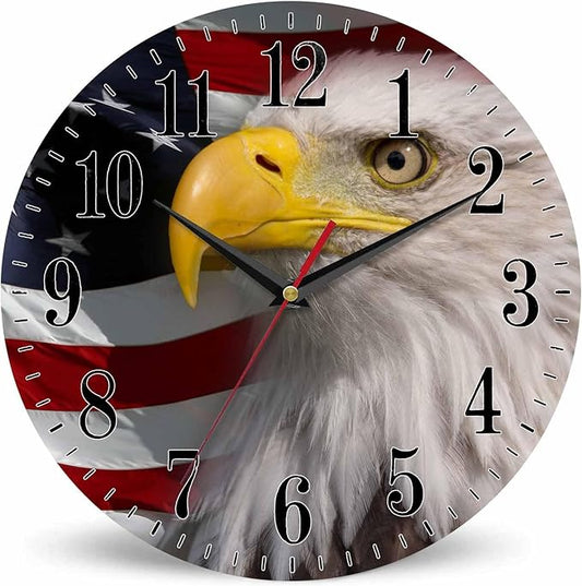 Mxocom American Bald Eagle Wall Clock USA Flag Majestic Bird Freedom 10 Inch