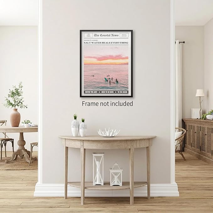 Pink Beach Newspaper Posters Vintage Fashion Coastal Girl Surf Wall Art Grainy
