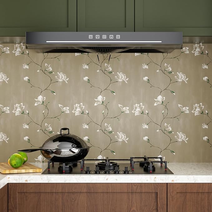 Laatse Floral Wallpaper Peel and Stick 17.5" x 393" Khaki Floral Contact Paper