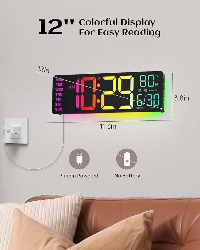 EASYERA 12" Digital Wall Clock for Classroom Livingroom Game Home Decor