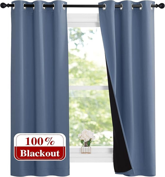 NICETOWN Stone Blue 100% Blackout Small Curtains 63 inches Long, Thermal