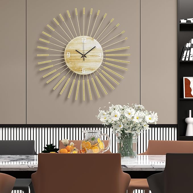 23.6 inch Gold Starburst Wall Clock, Metal & Wood Mid Century Modern Decorative