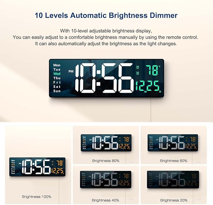 Digital Wall Clock Large Display, Auto Brightness Dimmer Reloj De Pared