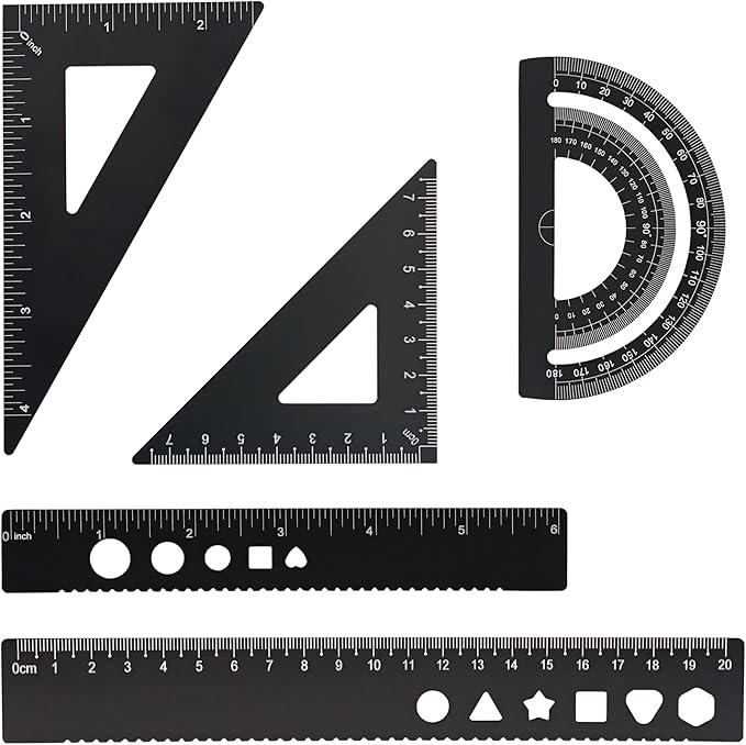 Zotemo 5 Pcs Metal Geometry Set, Math Drafting Ruler Kit- Aluminum Triangle Rulers, Protractor, 8 Inch and 6 Inch Drawing Ruler, Measuring Tool for School and Office (Metric and Imperial, Black)