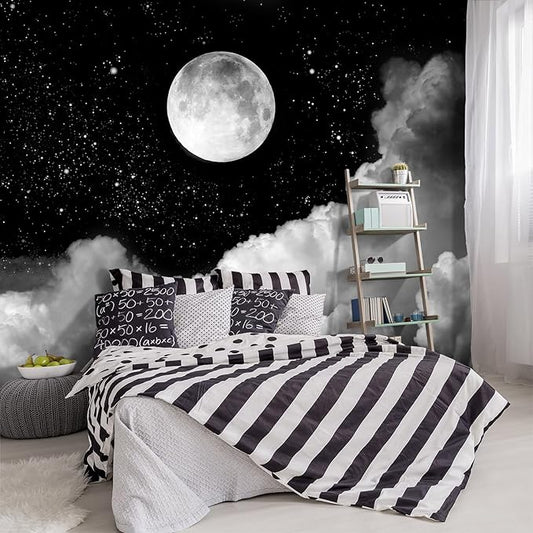 -Gray Galaxy Universe Moon Fabric Wallpaper Ceiling Starry Night White Clouds