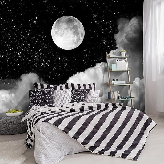 -Gray Galaxy Universe Moon Fabric Wallpaper Ceiling Starry Night White Clouds