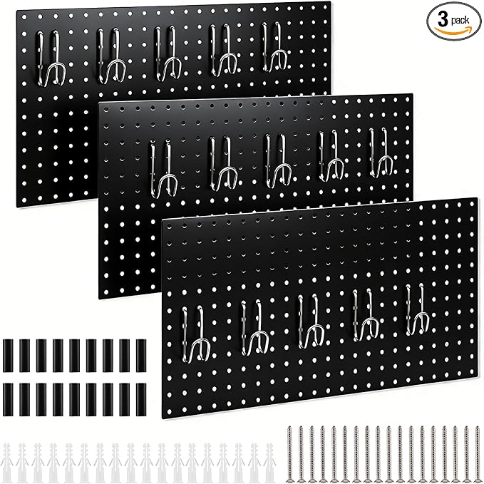 DEWEL Wall Organizer Peg Board, 3Pcs Metal Pegboard Panels with Accessories, 23" x 12" Pegboard, Heavy Duty Peg Board Wall Organizer for Workbench, Workshop, Office, Craft Room (3pcs black)