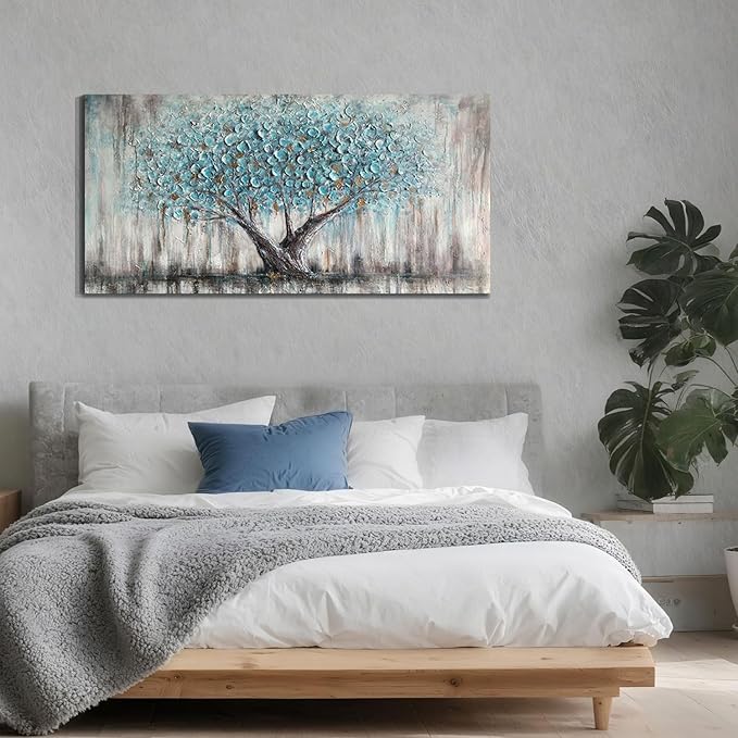 Arjun Tree Wall Art Canvas for Living Room Blue Tree of Life Nature Teal Abstract Painting, Textured Picture Modern Panoramic Landscape Artwork Large Framed Bedroom Home Office Decor 48"x24"