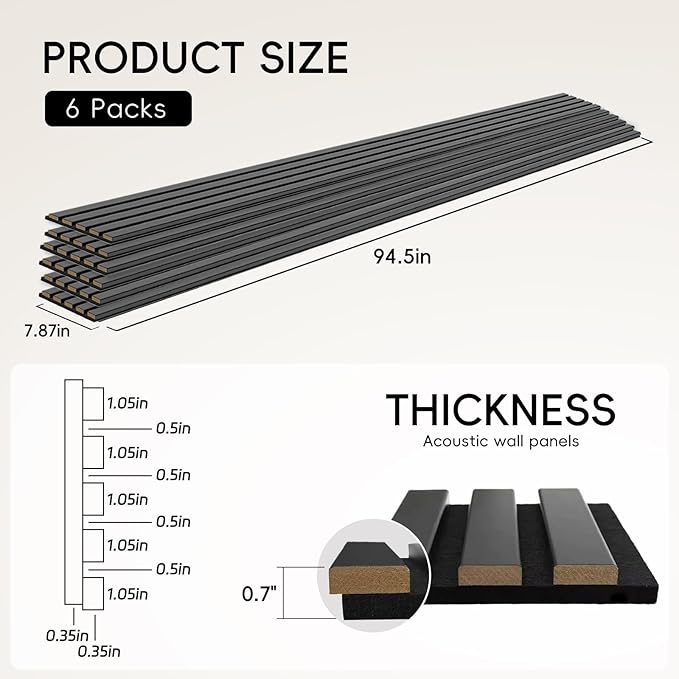 EVERECO 6 Pack Wood Panels for Wall 94.5" × 7.87" Acoustic Soundproof Wall Slat