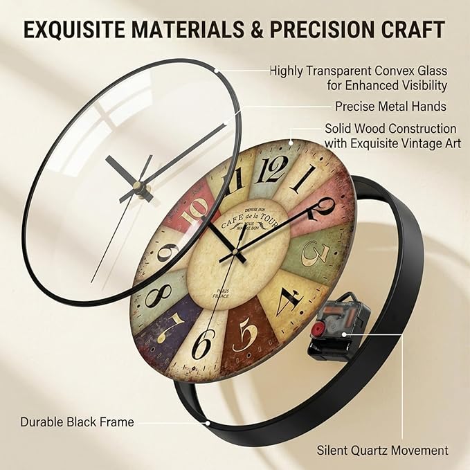 Vintage Wall Clock-12 Retro Rustic Style Quartz Clock, Silent Non-Ticking