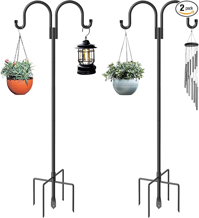 Double Shepherds Hooks for Outdoor, 2 Pack 63 Inch Bird Feeder Pole Hanger with 5 Prongs Base, Heavy Duty Bird Feeder Garden Hook for Hanging Plant, Lantern, Hummingbird Feeder
