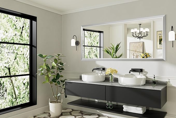 72x32 Inch Brushed Silver Bathroom Mirror
