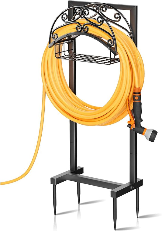 Gayuteay Garden Hose Holder â Water Hose Reel Stand with Storage Basket Holds 151ft, Heavy Duty Freestanding Garden Hanger Storage Rack for Outside Yard Lawn Farm