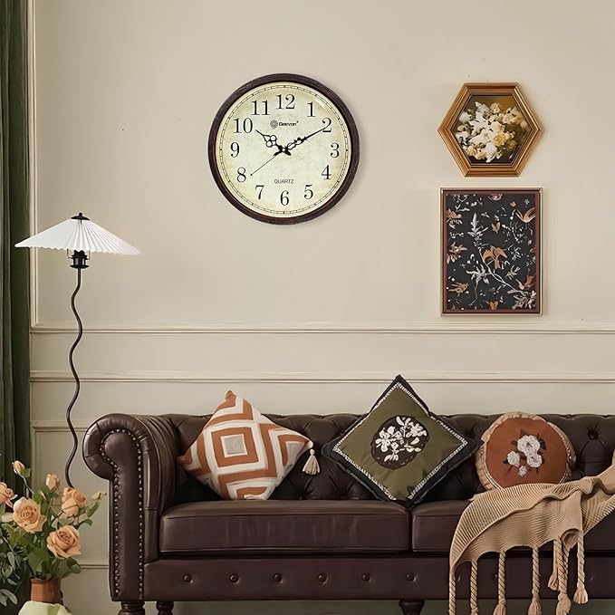 Geevon Vintage Brown Wall Clock, Silent 16" Non Ticking Wall Clock Battery