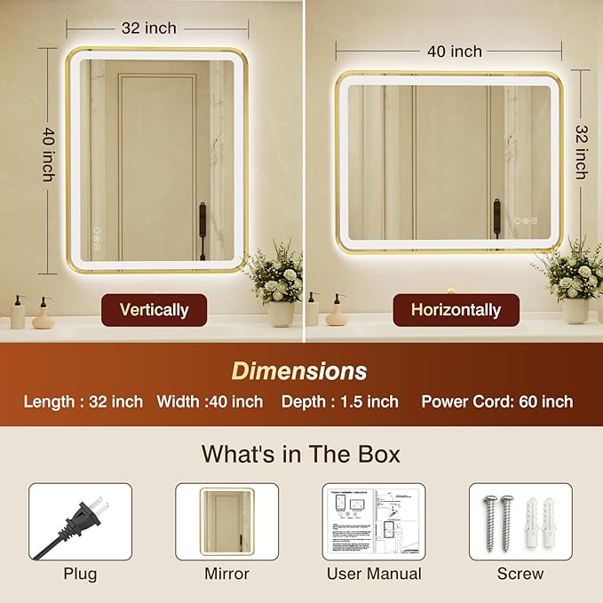 32x40 Inch LED Bathroom Mirror