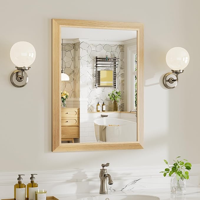 24x32 Inch Bathroom Mirror for Wall, Anti-Rust Oak Wood Grain Metal Framed