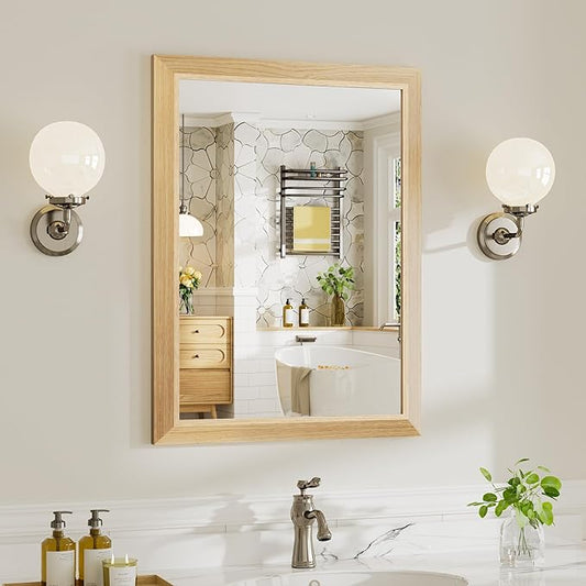 24x32 Inch Bathroom Mirror for Wall, Anti-Rust Oak Wood Grain Metal Framed