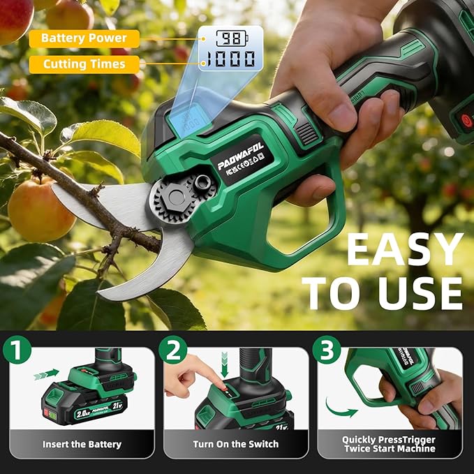 2.5“/64mm Electric Pruning Shears, Upgraded Cordless Electric Scissors, with Brushless Motor | Dual 2.0Ah Battery | Sk7 Blade | LCD Display for Heavy-Duty Garden, Orchard & Branch Cutter