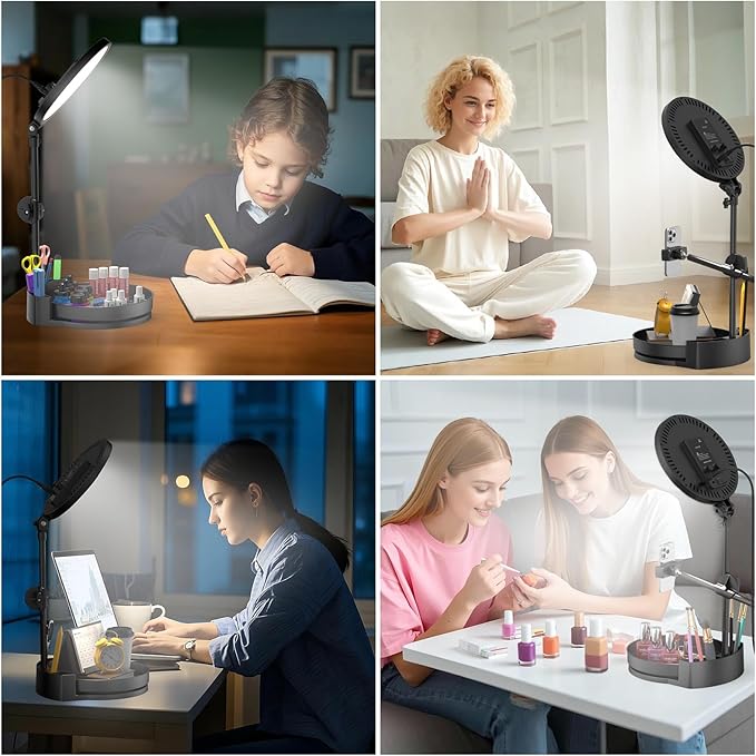 Bright Zoom Lighting for Computer, Adjustable Desk Lighting for Video Callst,55W Dimmable Full Screen Ring Light,with Rotating Storage Box,Pen Holder Stand,Phone Holder and Controller (Black, 10.5)