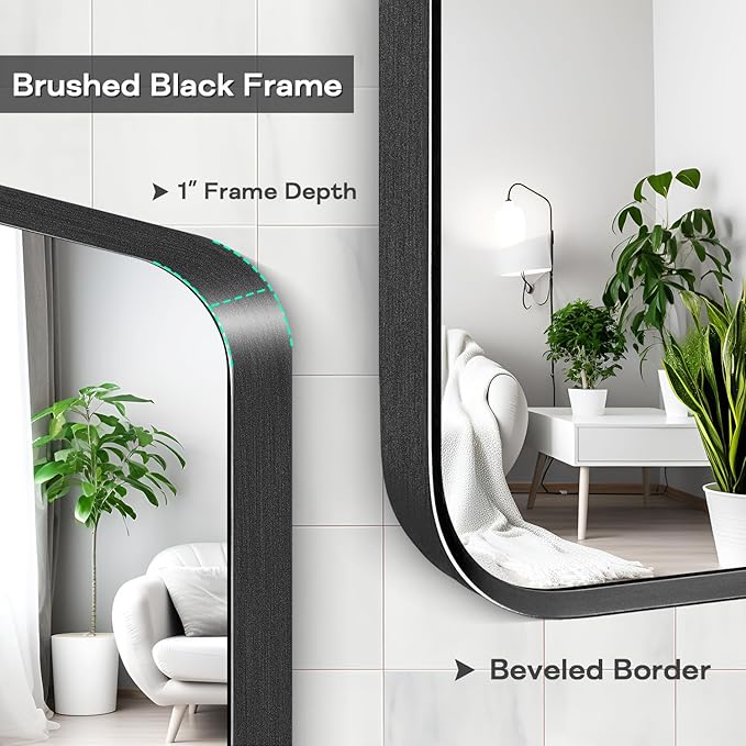 Wall Mount Mirror for Bathroom, Brushed Black Metal Framed Rounded Corner
