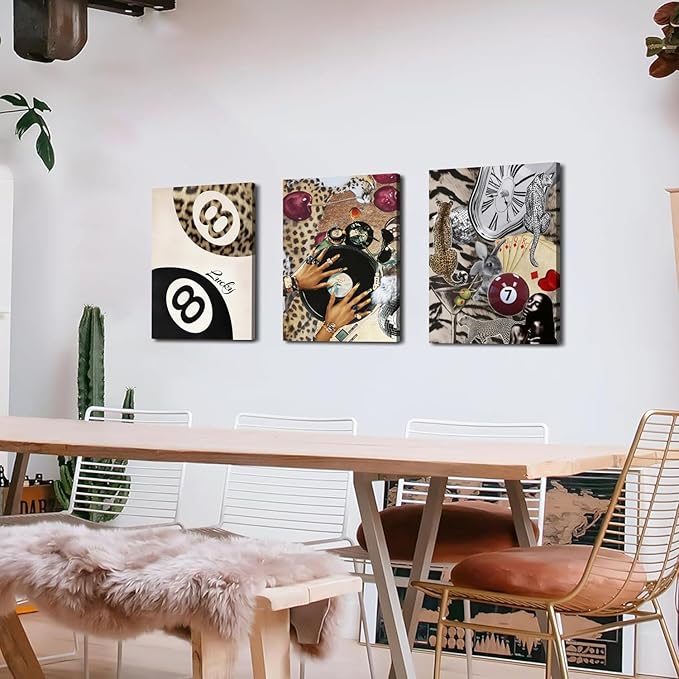 Fashion Cheetah Wall Art Set of 3 Leopard Wall Decor Pictures Lucky 8 Ball