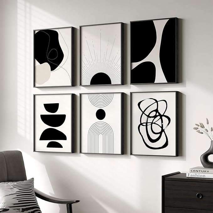 Framed Boho Black and White Abstract Wall Art, Minimalist Geometric Pictures