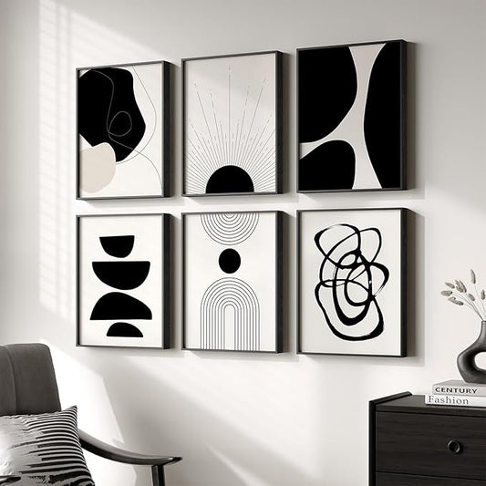 Framed Boho Black and White Abstract Wall Art, Minimalist Geometric Pictures
