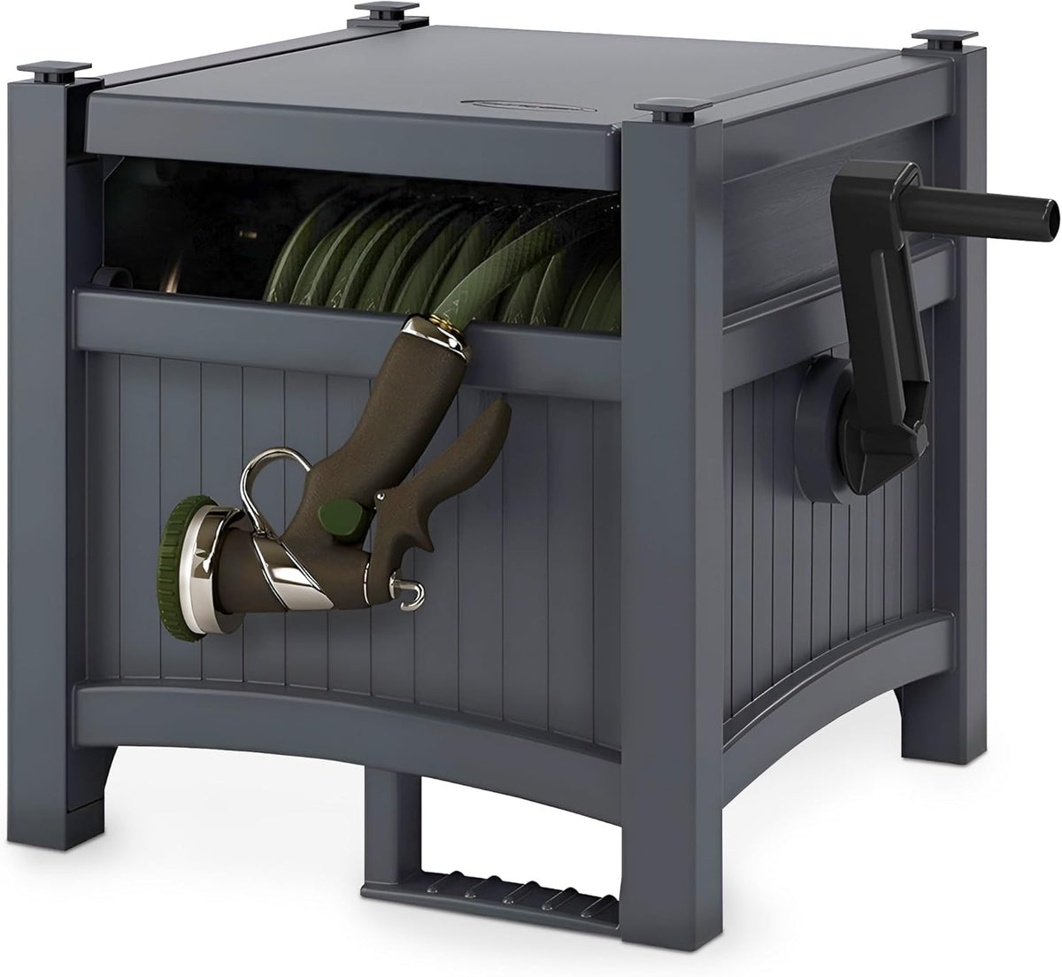 Suncast Garden Hose Hideaway Storage Reel Box, Cyberspace Grey â Resin Outdoor Container, Holds up to 100 Feet of 5/8 Inch Standard Vinyl Water Line â No Assembly Required