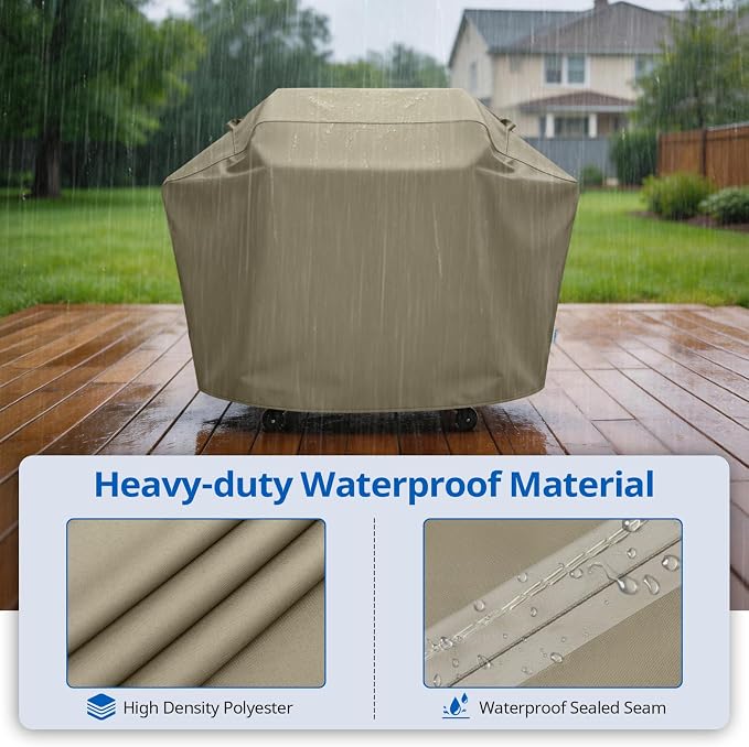 SunPatio BBQ Grill Cover for Outdoor Grill 65 Inch, Heavy Duty Waterproof Barbecue Cover with Sealed Seam, FadeStop All Weather Protection Compatible for Weber CharBroil Nexgrill and More, Taupe