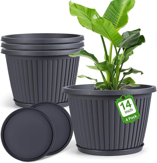 14-inch-Large-Planters-for-Outdoor-Plantï¼Plastic Indoor Flower Pots with Drainage Holes & Saucerï¼4 Packs Decorative Garden Pots for Plantfor Home Porch Decor