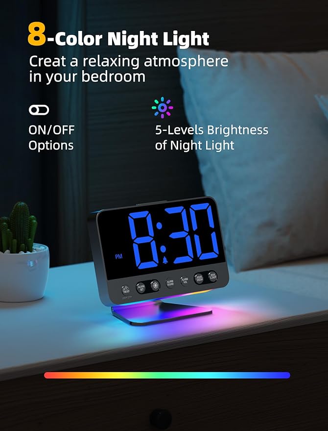 Odokee Digital Alarm Clocks for Bedrooms: Large Bold Number 5 Brightness Dimmer