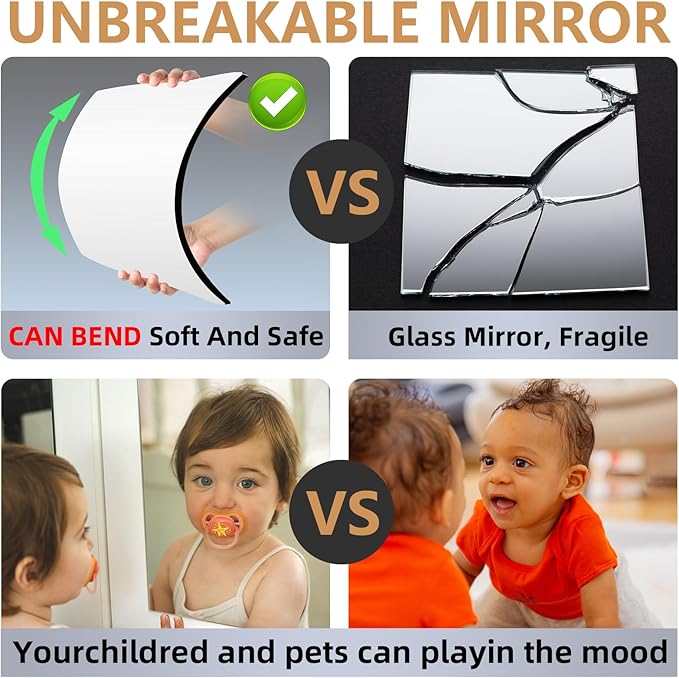 Stick on Small Mirror for Wall Decor, Plastic Non Glass Sticky Kids Safety