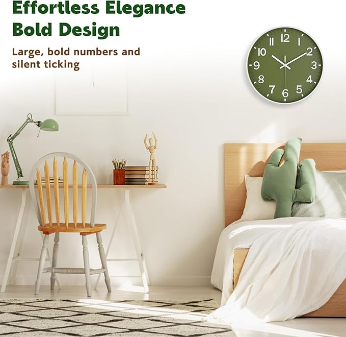 Silent Wall Clock Non-Ticking Battery Operated – Modern Olive Green Analog Wall