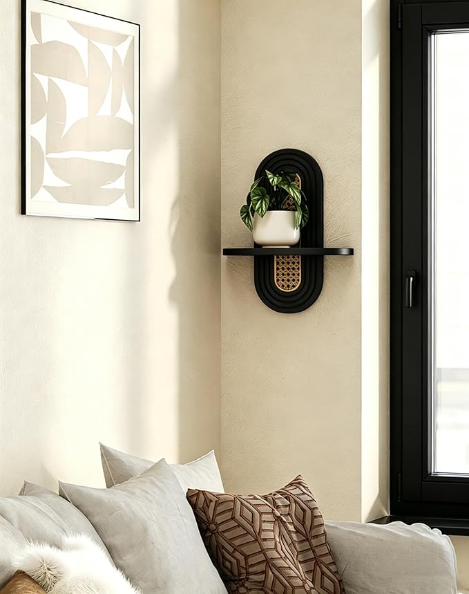 Floating Shelves for Wall, Boho Home Wall Decor, Rattan Plant Shelf Set of 2