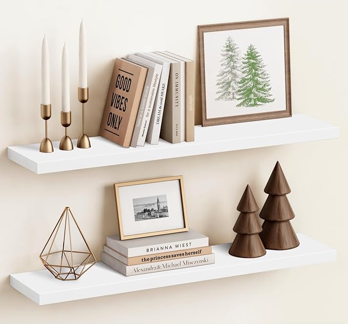 Harwaya White Wood Floating Shelves 36 Inches Long Set of 2, Large Modern Wall