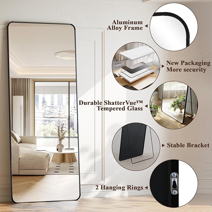 XRAMFY 65"x24" Floor Full Length Mirror Standing Full Body Rounded Corner
