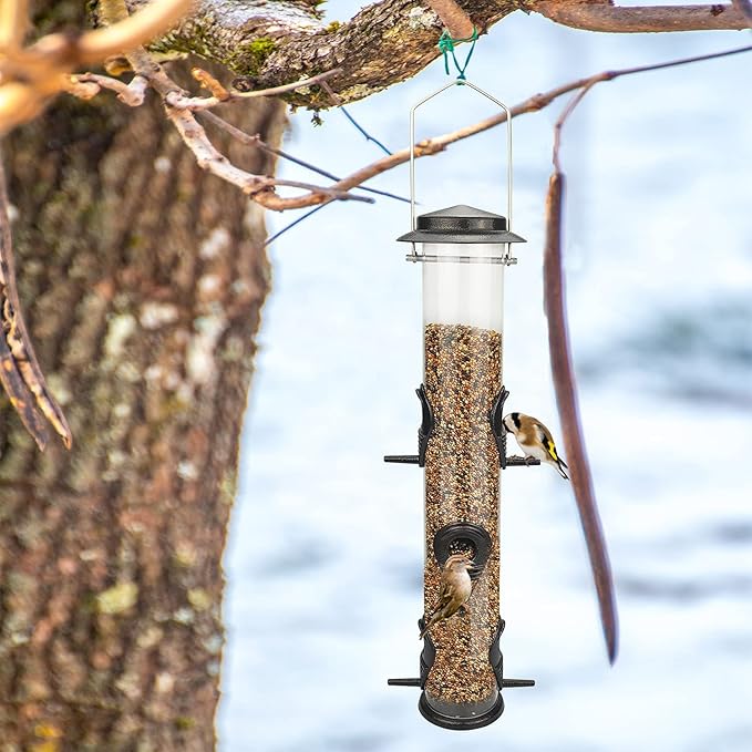 MIXXIDEA 1PK Metal Wild Bird Feeder,Squirrel Proof Bird Feeders for Outside,Hanging 6 Port Tube Bird Feeder Transparent Finch Bird Feeder for Attracting Birds in Your Lawn, Garden, Balcony – Coffee