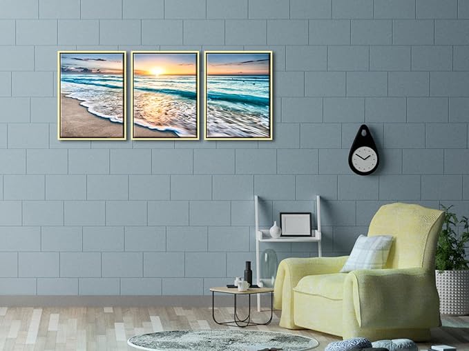 Wieco Art Framed Canvas Wall Art 3 Panel Blue Beach