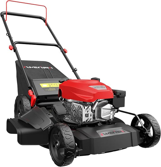 AMERISUN 21" Gas Lawn Mower, 3-in-1 Gas Powered Push Mower, 144cc 4-Stroke OHV Engine, 6 Height Adjustment, Efficient Steel Deck, 1.4 Bushel Grass Catcher with Bagging, Mulching & Side Discharge