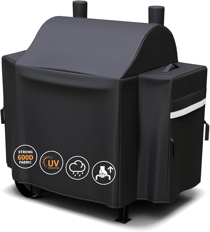 Grisun Grill Cover for Oklahoma Joe's Rider 900 & Rider DLX Grills, Anti-Fade Waterproof Charcoal Offset Smoker Cover, Strap for Fix, Fabric Handle for Easy Put On and Take Off, 600D Material, Black