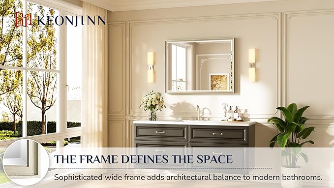 Keonjinn 40" x 30" Brushed Nickel Bathroom Vanity Mirror, Beveled Tempered Glass