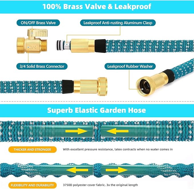50 ft Expandable Garden Hose - 2026 Newly No-Kink 5 Layer Latex Core Water Hose with 10-Pattern Nozzle, Flexible, Lightweight, Leak-Free, 3/4” Solid Brass Fittings, 3750D Retractable Expanding Hose